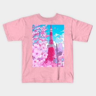 Tokyo Tower and pink cherry blossom Kids T-Shirt